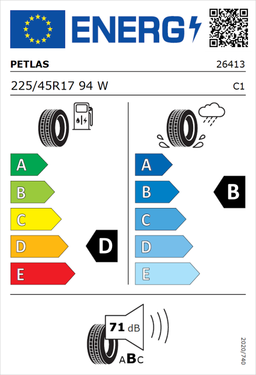 Tyre Label for Petlas Velox Sport PT741 225/45R17 94W